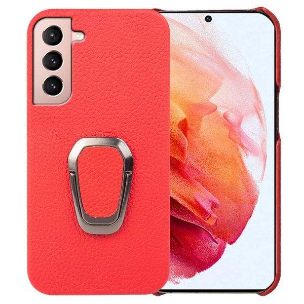 For Samsung Galaxy S21 4G   5G Genuine Leather Coated PC Protective Case Litchi Texture Phone Back Cover with Ring Kickstand Online now