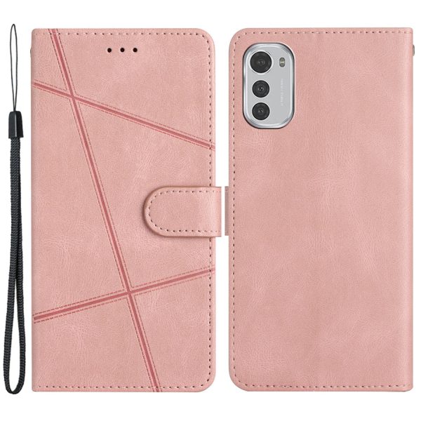 For Motorola Moto E32 4G Drop-proof Phone Case Imprinted Lines Flip Stand Wallet Crazy Horse Texture Leather Smartphone Cover with Strap Sale