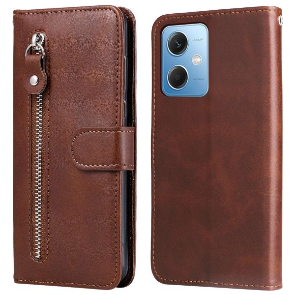 Calf Texture Phone Case for Xiaomi Redmi Note 12 5G, Book Style PU Leather Zipper Pocket Flip Wallet Cover with Stand Online Sale