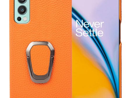 Protective Back Case for OnePlus Nord 2 5G, Litchi Texture Genuine Leather Coated PC Anti-drop Phone Cover with Ring Kickstand For Sale