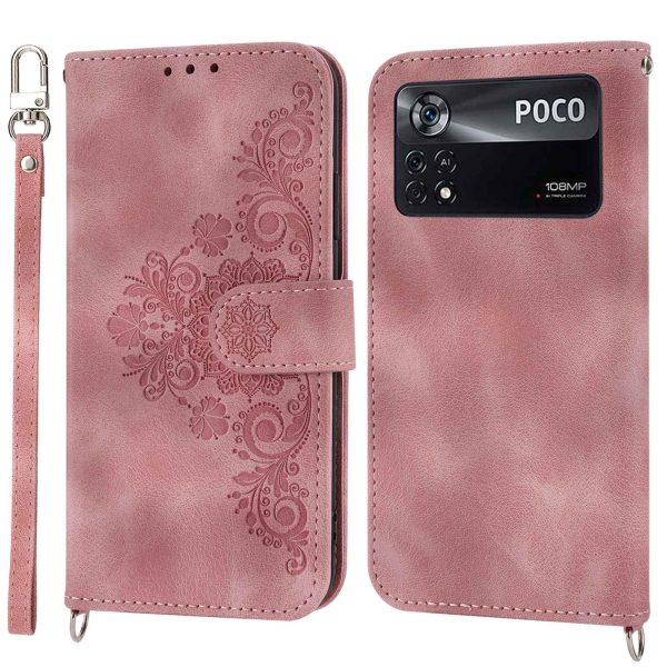 PU Leather Flip Phone Case For Xiaomi Poco X4 Pro 5G, Imprinted Flowers Multiple Card Slots Skin-touch Anti-drop Smartphone Cover Wallet Stand with Straps Cheap