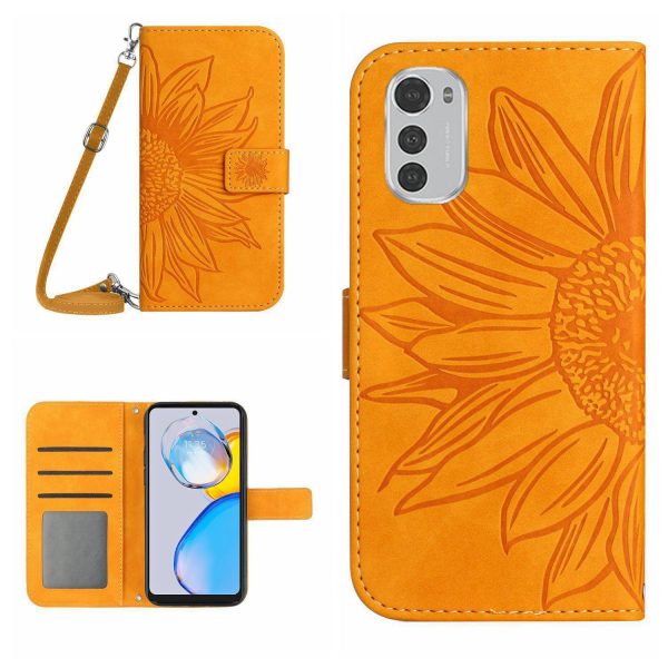 For Motorola Moto E32 4G   E32s 4G Imprinted Sunflower PU Leather Phone Cover Skin-touch Full Protection Stand Wallet Case with Shoulder Strap For Cheap