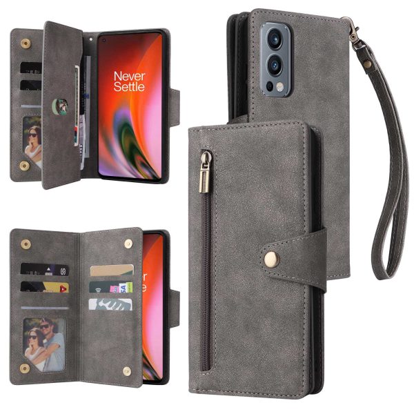 For OnePlus Nord 2 5G Zipper Pocket Design Phone Cover Rivet Buckle PU Leather Phone Case Stand Wallet with Strap Online Sale