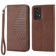 For Samsung Galaxy A73 5G Calf Texture PU Leather Wallet Case Imprinted Rhombus Pattern Magnetic Auto-absorbed Phone Stand Cover with Strap Supply