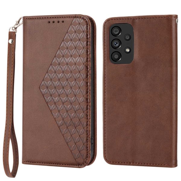 For Samsung Galaxy A73 5G Calf Texture PU Leather Wallet Case Imprinted Rhombus Pattern Magnetic Auto-absorbed Phone Stand Cover with Strap Supply