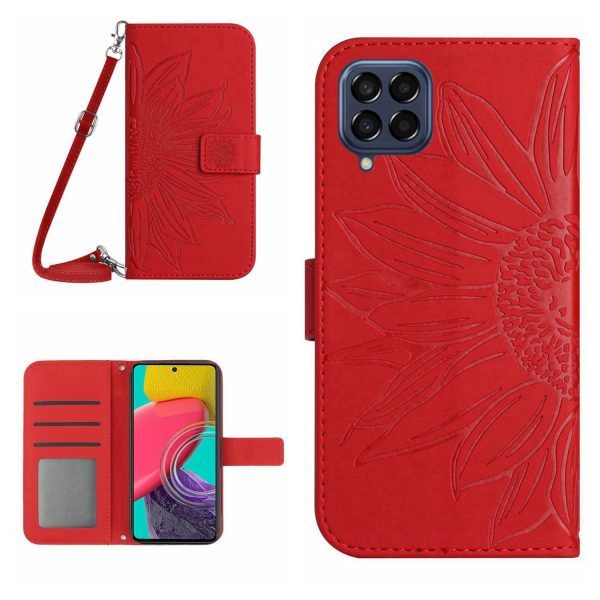 For Samsung Galaxy M53 5G HT04 Sunflower Imprinted Skin-touch PU Leather Case Wallet Stand Magnetic Phone Cover with Shoulder Strap For Discount