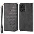 For Samsung Galaxy A73 5G Calf Texture PU Leather Wallet Case Imprinted Rhombus Pattern Magnetic Auto-absorbed Phone Stand Cover with Strap Supply