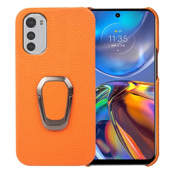 For Motorola Moto E32 4G Ring Kickstand Drop-proof Phone Cover Litchi Texture Genuine Leather Coated PC Case Hot on Sale