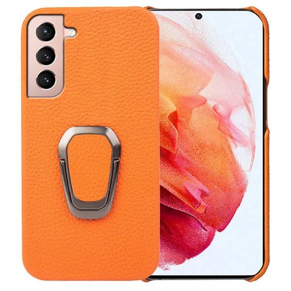 For Samsung Galaxy S21 4G   5G Genuine Leather Coated PC Protective Case Litchi Texture Phone Back Cover with Ring Kickstand Online now