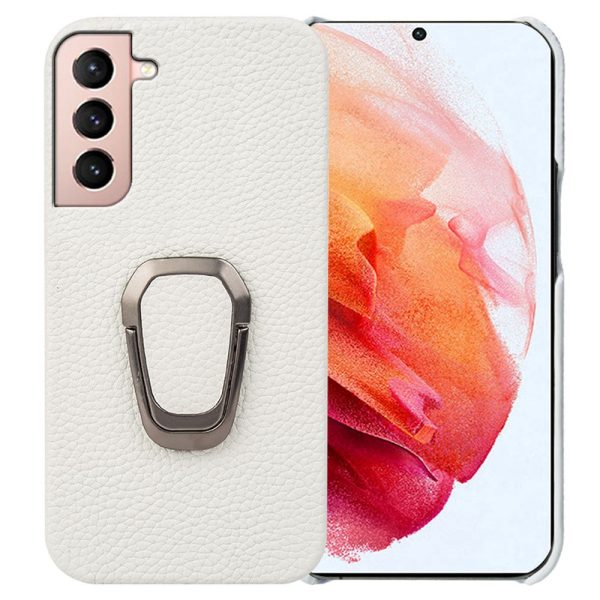 For Samsung Galaxy S21 4G   5G Genuine Leather Coated PC Protective Case Litchi Texture Phone Back Cover with Ring Kickstand Online now